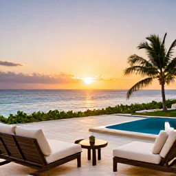 Caribbean Holidays, February Luxury Holidays, Elegant Cura&ccedil;ao resort terrace overlooking the Caribbean Sea at sunset, with private pool, comfortable seating and tropical surroundings