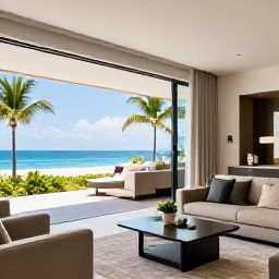 Caribbean Holidays, February Luxury Holidays, Elegant Dominican Republic resort suite with a private terrace, ocean view, modern furnishings and tropical February light