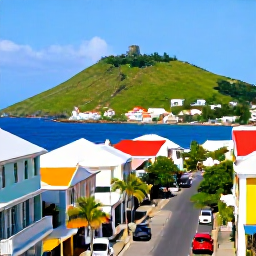 Caribbean Holidays, February Luxury Holidays, Historic coastal street in Sint Eustatius in February, colourful Caribbean buildings, green hills and blue sea under a clear sky
