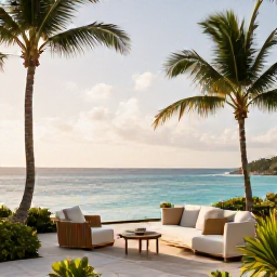 Caribbean Holidays, February Luxury Holidays, Luxury Caribbean resort terrace overlooking a calm turquoise bay on Bequia, soft afternoon light, palm trees and a relaxed elegant atmosphere