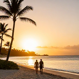 Caribbean Holidays, February Luxury Holidays, Luxury Dominican Republic holiday scene with a couple walking along a quiet beach in February, golden sunset, palm silhouettes and calm sea
