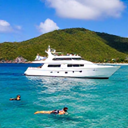 Caribbean Holidays, February Luxury Holidays, Luxury sailing yacht cruising between the British Virgin Islands, snorkellers in clear water, dramatic green hills and sunny blue sky