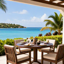 Caribbean Holidays, February Luxury Holidays, Private luxury villa terrace overlooking the sea on Virgin Gorda, breakfast table, comfortable outdoor seating and tropical landscape