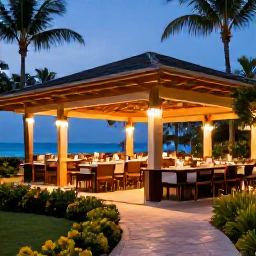 Caribbean Holidays, February Luxury Holidays, Stylish open-air restaurant serving Dominican and international cuisine at a luxury resort, tropical garden setting and evening lighting