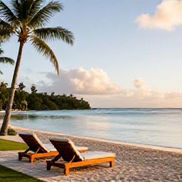 Caribbean Holidays, February Luxury, Luxury beachfront resort on Saint Kitts at golden hour, calm Caribbean Sea and elegant loungers