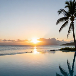 Caribbean Holidays, February Luxury, Luxury beachfront resort on Tortola with an infinity pool, palm trees and a calm Caribbean bay at sunset