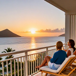 Caribbean Holidays, February Luxury, Luxury couple relaxing on a private balcony overlooking a Caribbean sunset in the US Virgin Islands