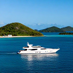 Caribbean Holidays, February Luxury, Luxury sailing yacht passing between green Caribbean islands near Norman Island under a clear blue February sky