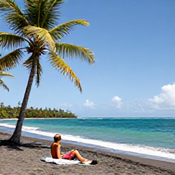 Caribbean Holidays, February Luxury, Luxury traveller relaxing on a quiet black-sand beach in Dominica with palm trees and turquoise sea