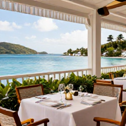 Caribbean Holidays, February Luxury, Open-air Caribbean restaurant serving elegant dinner beside the sea in the US Virgin Islands