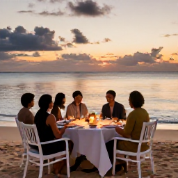 Caribbean Holidays, February Luxury, Private Caribbean beach dinner on Nevis at sunset with elegant table setting and calm sea