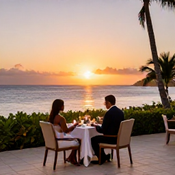 Caribbean Holidays, February Luxury, Romantic Caribbean sunset dinner on a luxury hotel terrace in Dominica