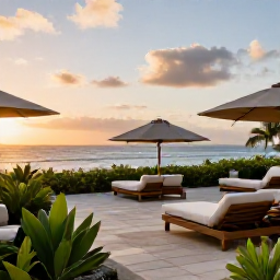 Caribbean Holidays, February Martinique, An elegant adults-only hotel terrace overlooking the Caribbean Sea at sunset, with comfortable loungers and tropical plants