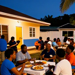 Caribbean Holidays, February Montserrat, Friendly evening scene in a Montserrat village, with local food, gentle music and visitors enjoying Caribbean hospitality in February