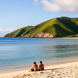 Caribbean Holidays, February Montserrat, Quiet Montserrat beach with calm blue water, green hills and a couple enjoying a peaceful February afternoon