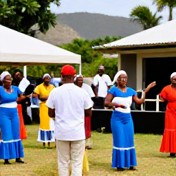 Caribbean Holidays, February Montserrat, Traditional Montserrat cultural gathering with musicians, dancers and visitors enjoying live Caribbean music outdoors
