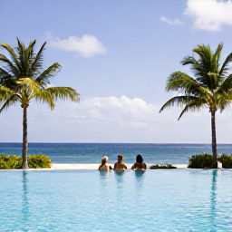 Caribbean Holidays, February Montserrat, Travellers relaxing beside an infinity pool at a Montserrat all-inclusive resort, with palm trees, ocean views and a sunny February sky