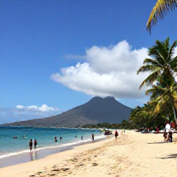 Caribbean Holidays, February Montserrat, Warm Caribbean beach on Montserrat with visitors swimming, walking and relaxing beneath palms in clear February weather