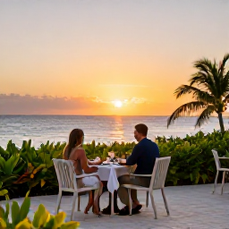 Caribbean Holidays, February Multi-Country Holidays, A couple enjoying a sunset dinner on a Caribbean terrace overlooking the sea, with tropical plants and warm evening light