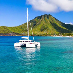 Caribbean Holidays, February Multi-Country Holidays, A sunny Caribbean island-hopping scene with a luxury catamaran near Saint Lucia, clear turquoise water and green volcanic hills