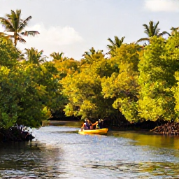 Caribbean Holidays, February Nature Holidays, A colourful mangrove lagoon in Saint Martin with calm water, kayak paddlers and tropical vegetation under warm February sunlight