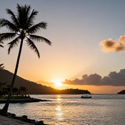 Caribbean Holidays, February Nature Holidays, A golden Caribbean sunset over a calm bay in the United States Virgin Islands, with palm trees and a small boat offshore