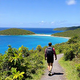 Caribbean Holidays, February Nature Holidays, A hiker on a green coastal trail overlooking the Caribbean Sea and scattered British Virgin Islands, clear February sunshine