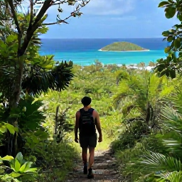 Caribbean Holidays, February Nature Holidays, A hiker walking through lush coastal woodland on St John, with views over the Caribbean Sea and nearby islands