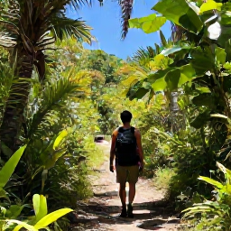 Caribbean Holidays, February Nature Holidays, A hiker walking through lush tropical woodland on St John, U.S. Virgin Islands, with a clear island trail and sunlight filtering through the trees
