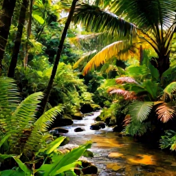 Caribbean Holidays, February Nature Holidays, A lush tropical rainforest in Saint Vincent with a clear mountain stream, palms and ferns in warm February sunlight