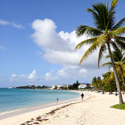 Caribbean Holidays, February Nature Holidays, A peaceful Caribbean beach on Saint Martin with palm trees, calm turquoise water and visitors walking along the sand in February