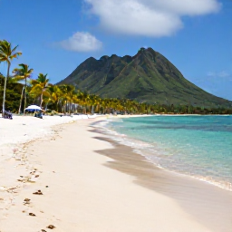 Caribbean Holidays, February Nature Holidays, A quiet sandy beach on Nevis in February, with turquoise water, palm trees and a green volcanic mountain in the background