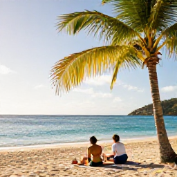 Caribbean Holidays, February Nature Holidays, A relaxed beach picnic beneath palm trees on a British Virgin Islands beach, calm turquoise sea and warm February sunlight