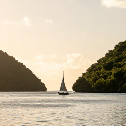 Caribbean Holidays, February Nature Holidays, A small sailing boat passing between green Caribbean islands at golden afternoon light, calm sea and relaxed holiday atmosphere