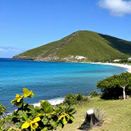 Caribbean Holidays, February Nature Holidays, A sunny coastal landscape on Saint Martin and Sint Maarten in February, with turquoise sea, green hills and a clear blue sky