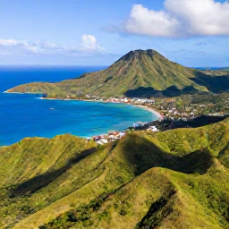 Caribbean Holidays, February Nature Holidays, Aerial view of Saint Vincent and the Grenadines with green volcanic hills, turquoise sea and small islands in bright February sunshine