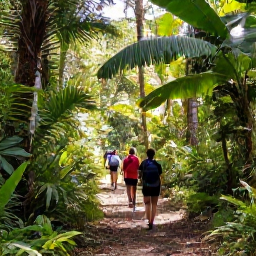 Caribbean Holidays, February Nature Holidays, Hikers walking beneath lush rainforest on the Vermont Nature Trail in Saint Vincent, with tropical trees and filtered sunlight