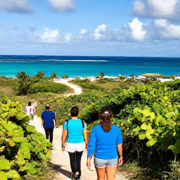 Caribbean Holidays, February Nature Holidays, Hikers walking through green coastal vegetation towards a viewpoint over the Caribbean Sea on Saint Martin