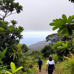 Caribbean Holidays, February Nature Holidays, Hikers walking through lush rainforest on the slopes of Mount Liamuiga, with tropical leaves, mist and distant sea views