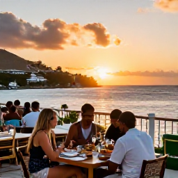 Caribbean Holidays, February Nature Holidays, Outdoor Caribbean restaurant overlooking the sea at sunset on Saint Martin, relaxed diners and local island cuisine