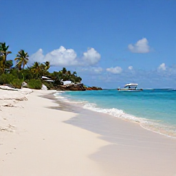 Caribbean Holidays, February Nature Holidays, Quiet tropical beach on Pinel Island near Saint Martin, calm turquoise sea, pale sand, palm trees and small boats