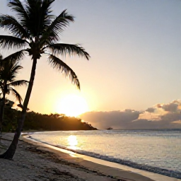 Caribbean Holidays, February Nature Holidays, Relaxed February evening on a Caribbean beach in the U.S. Virgin Islands, with palm trees, gentle waves and a warm sunset