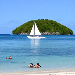 Caribbean Holidays, February Nature Holidays, Traditional sailing boat passing green Caribbean islands near Bequia and the Tobago Cays, with calm blue water and snorkellers nearby