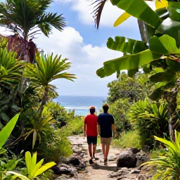 Caribbean Holidays, February Nature Holidays, Travellers walking through green coastal woodland on Saint Martin, with tropical plants, rocky paths and sea views
