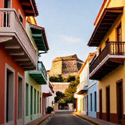 Caribbean Holidays, February Puerto Rico, Colourful streets of Old San Juan in Puerto Rico in warm February sunshine, with colonial buildings, balconies and a historic fort in the background