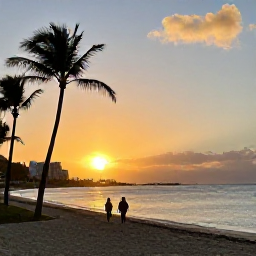 Caribbean Holidays, February Puerto Rico, Golden sunset over a Puerto Rican beach, with palm trees, calm sea and a couple walking along the shore after an all-inclusive holiday day