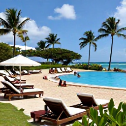 Caribbean Holidays, February Puerto Rico, Relaxed Puerto Rican beach resort with loungers, a swimming pool, tropical gardens and guests enjoying an all-inclusive February holiday