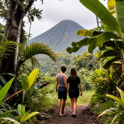Caribbean Holidays, February Romance, Couple exploring a lush Martinique rainforest trail near Mount Pel&eacute;e, with tropical plants and a distant mountain view