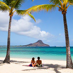 Caribbean Holidays, February Romance, Couple relaxing on a shaded tropical beach in Martinique, with turquoise sea, palm trees and volcanic hills in the distance
