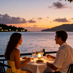 Caribbean Holidays, February Romance, Romantic outdoor dinner for two at a Martinique waterfront restaurant at sunset, with local food and a softly lit table